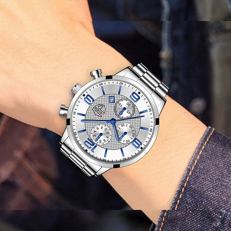 Luxury Stainless Steel Business Watch with Calendar and Luminous Clock