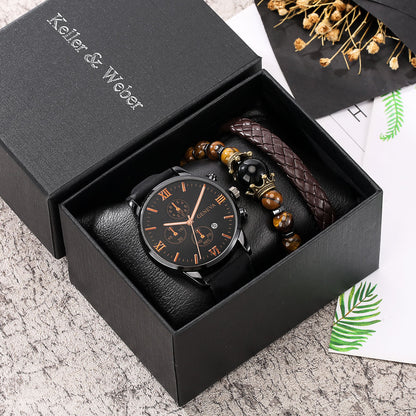 Men's Casual Watch & Leather Bracelet Gift Set