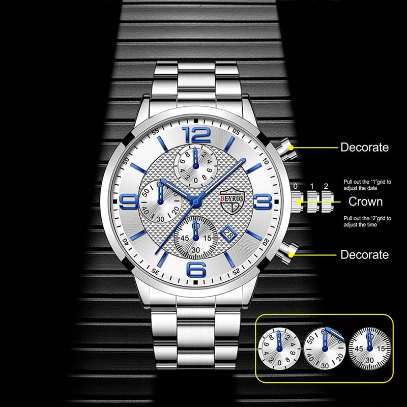 Luxury Stainless Steel Business Watch with Calendar and Luminous Clock