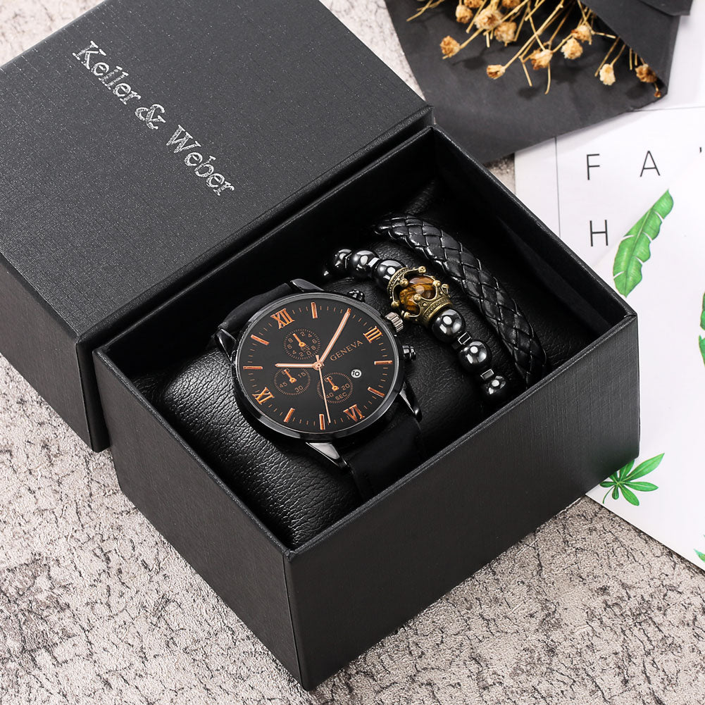 Men's Casual Watch & Leather Bracelet Gift Set
