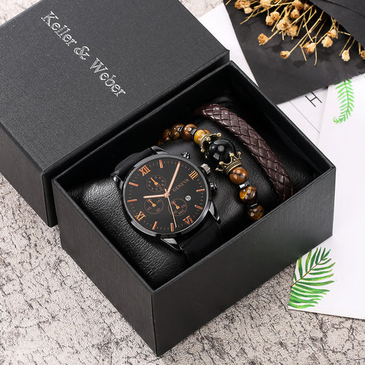 Men's Casual Watch & Leather Bracelet Gift Set, Front Side