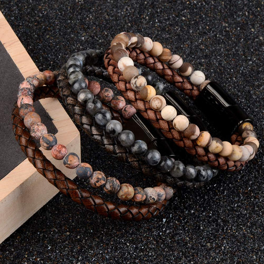 Natural Stone & Tiger Eye Genuine Leather Bracelet, Collection Front View